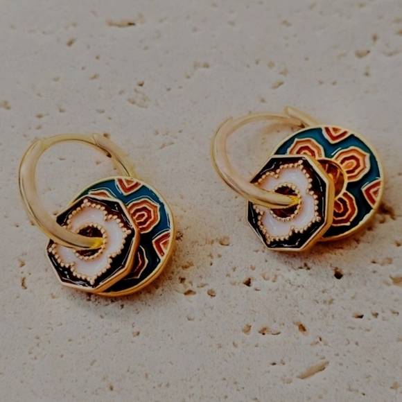 Portugese style tile earrings; maroon/white/green/tan/peach; brushed metal; nwot - Picture 2 of 4